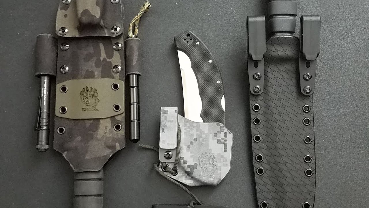 Ka-Bar Big Brother, Ontario SP-6, and Cold Steel Talwar custom sheaths