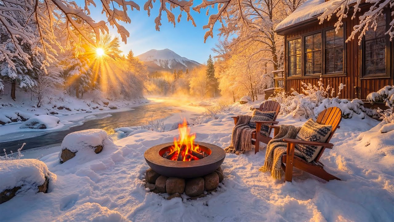 Peaceful Winter Campfire by a Frozen River ❄️🔥 Gentle Fire & Nature Sounds for Stress Relief