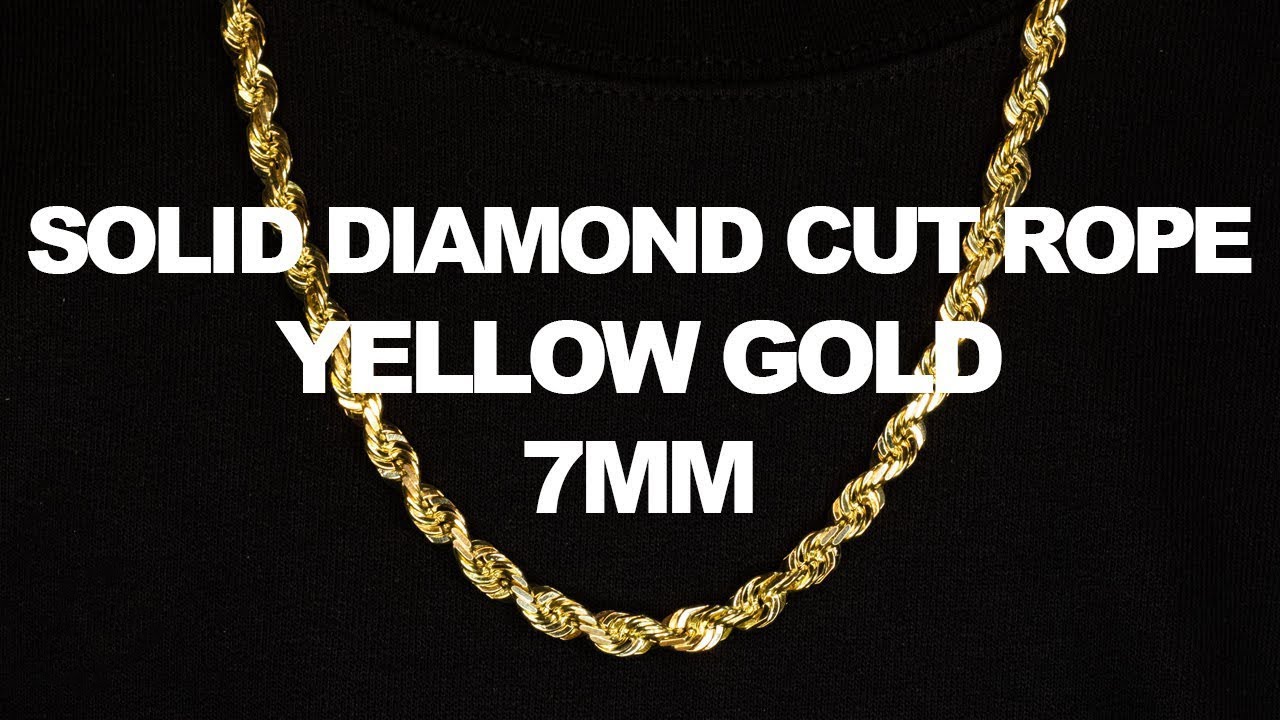 LoveBling Yellow Gold 7mm Solid Diamond Cut Rope Chain Necklace with Lobster Lock (16