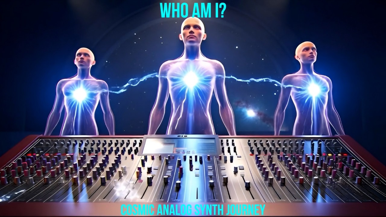 Three glowing humanoids, lightning arcs, and cosmic studio visuals.