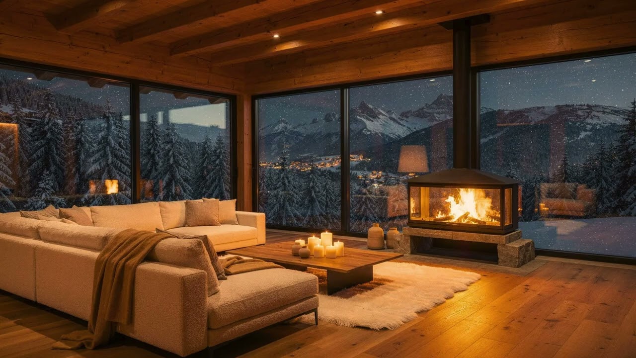 Peaceful Winter Lodge Fireplace | 8 Hours | Soft Piano Jazz, No Horns