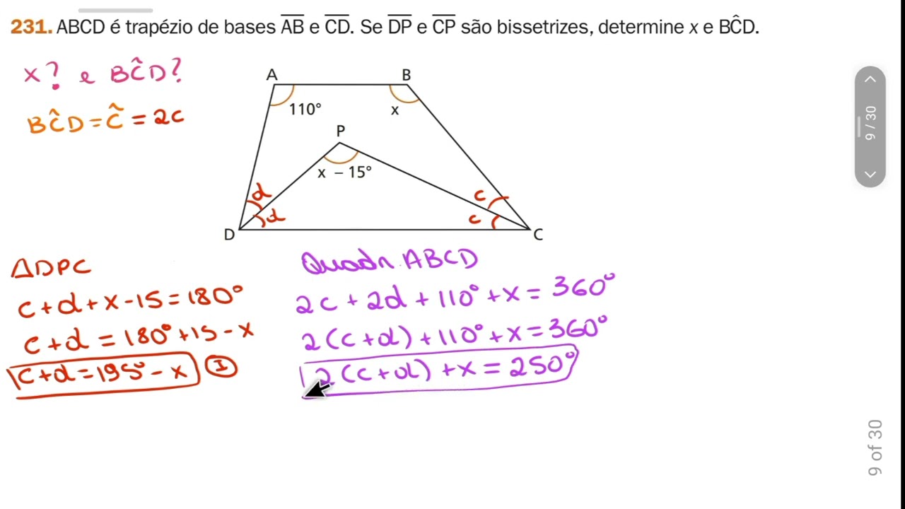 231-ABCD é trapézio de bases AB e CD. Se DP e CP são bissetrizes, determine x e BCD.