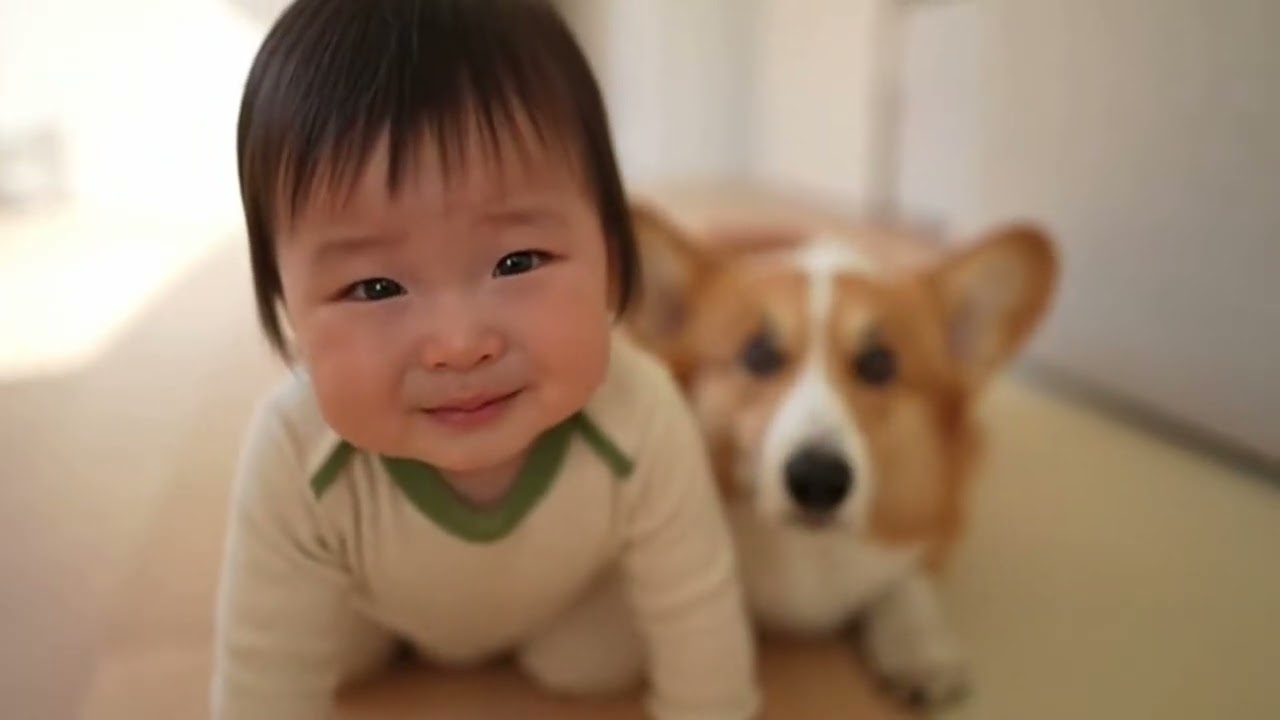 泣きそうな赤ちゃんに犬がそっと寄り添う…子守係みたい