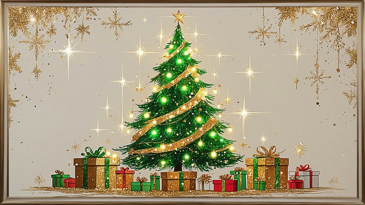 Christmas tree with lights and gifts | Christmas TV art | Golden frame 
