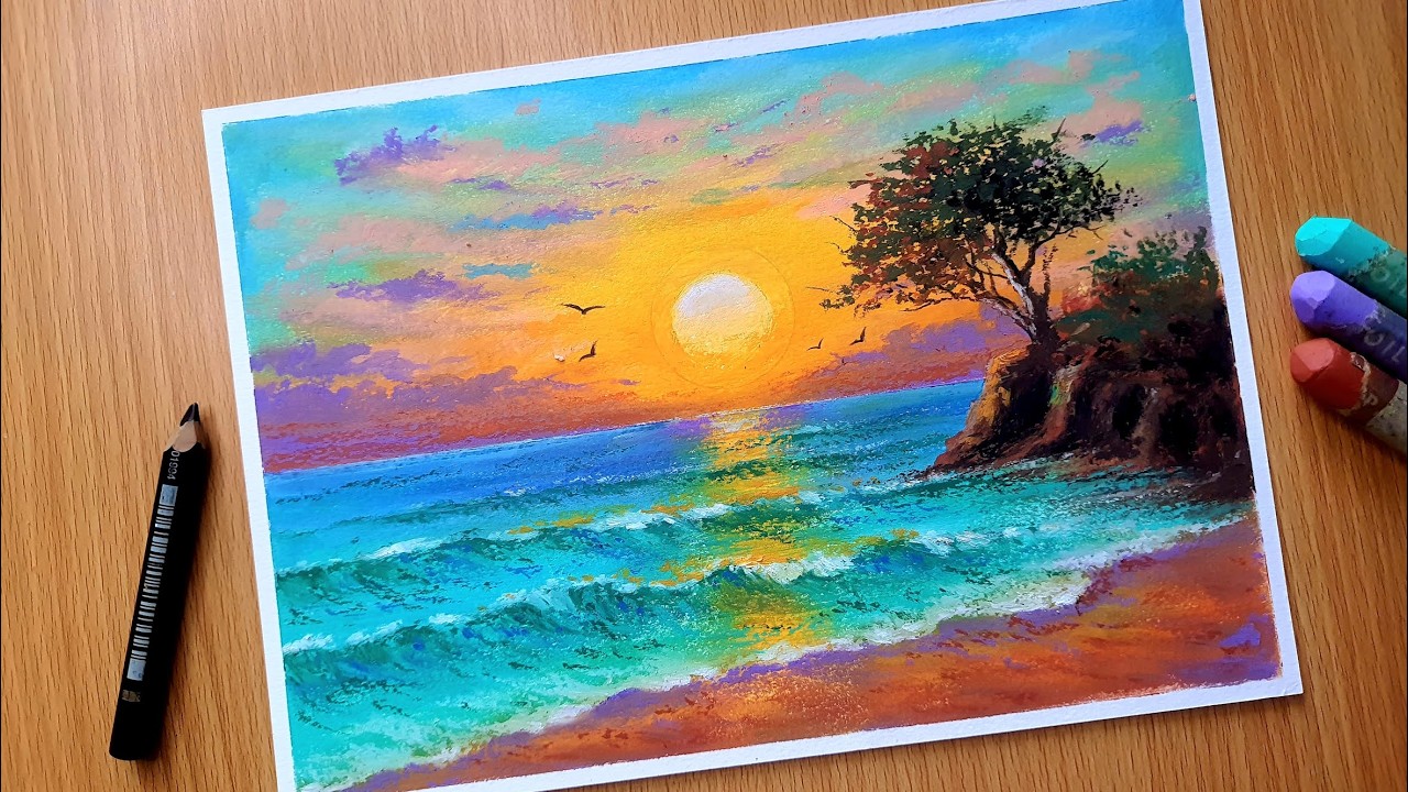 BEAUTIFUL WAVES / Oil Pastel Nature Sunset Drawing / Step by Step Tutorial