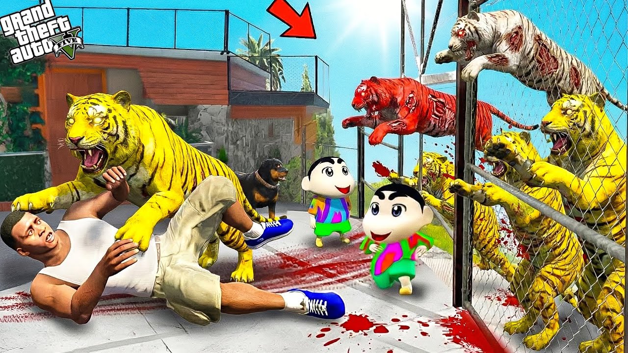 Franklin & Shinchan Chased by Infected Zombie Tigers in Los Santos! 🧟&zwj;♂️🐯 | GTA 5