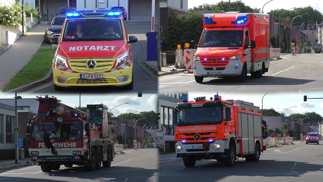 Rüstzug mit Feuerwehrkran! Elektro NEF & Feuerwehr und Rettungsdienst stadt Essen auf Einsatzfahrt