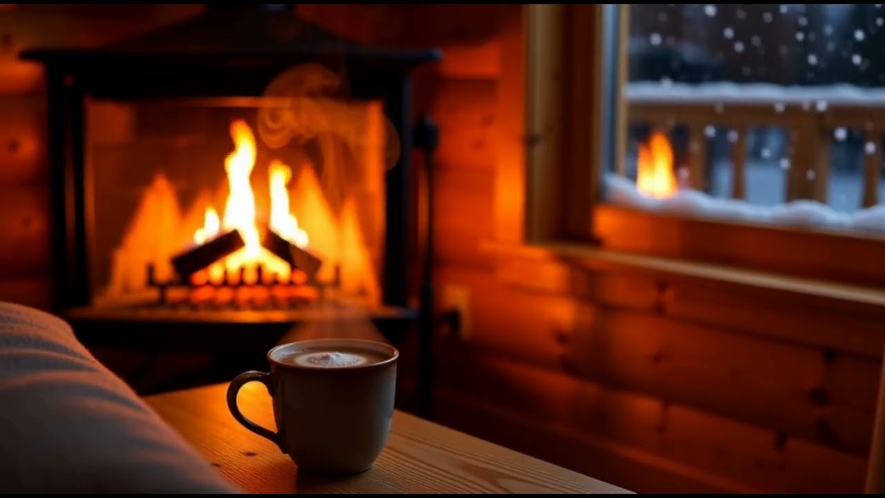Fireplace Logs Crackling with Snow Falling Outside | Warm Cozy Night Sounds for Deep Relaxation