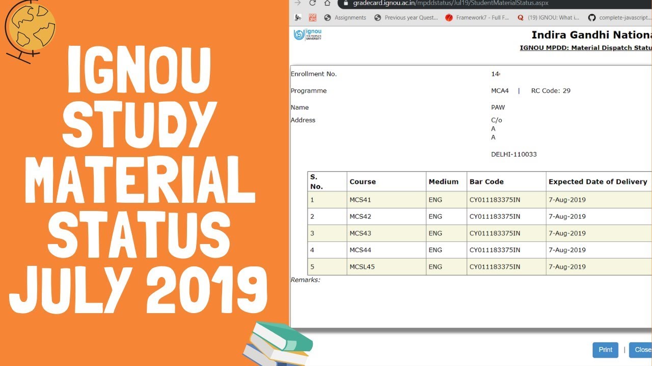IGNOU STUDY MATERIAL STATUS (July 2019 / January 2019) | IGNOU STUDY MATERIAL DISPATCH STATUS