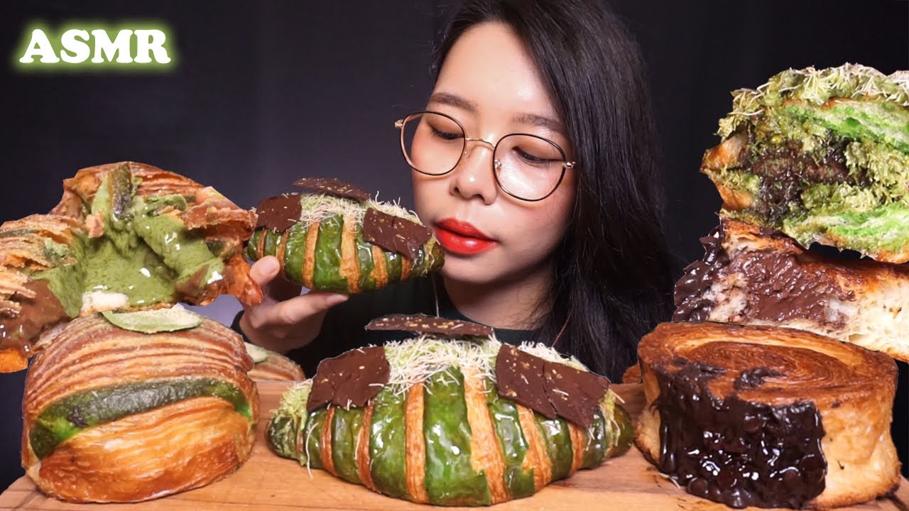 ASMR Fancy Pastry (Chocolate CROMBOLONI, Melted Matcha Pistachio Kunafa CROISSANT) | Eating Sounds