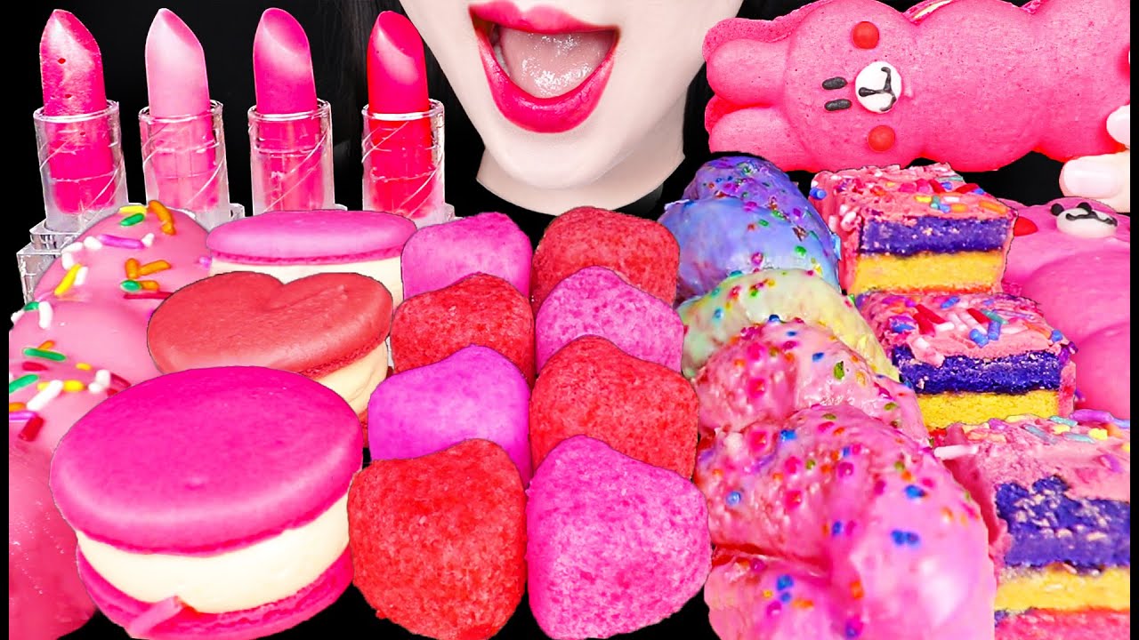 ASMR EDIBLE LIPSTICK PINK MOUSSE CAKE 먹는 립스틱 핑크 먹방 MUKBANG, EATING