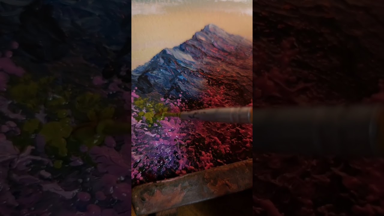 Spring time in our life, colorful mountains with blossoming flowers and yellow-blue sky /Shorts ART