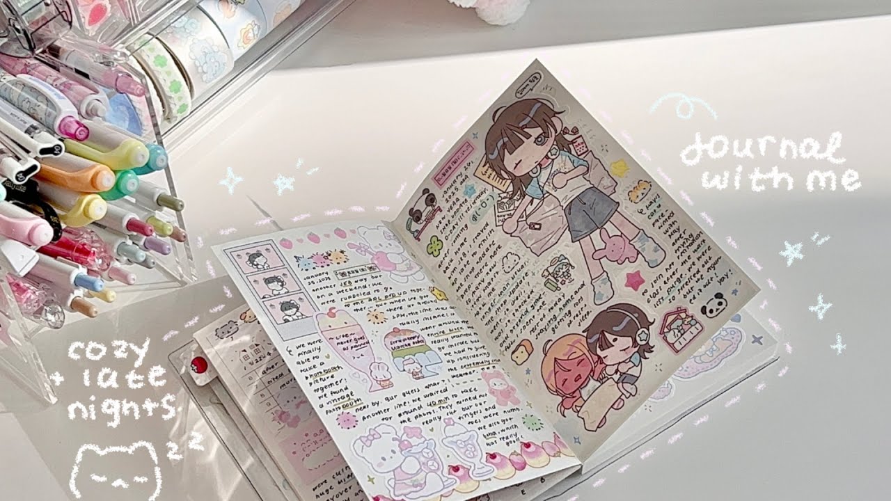 cozy late night journal with me 😴💗 real time journaling & lots of korean stickers