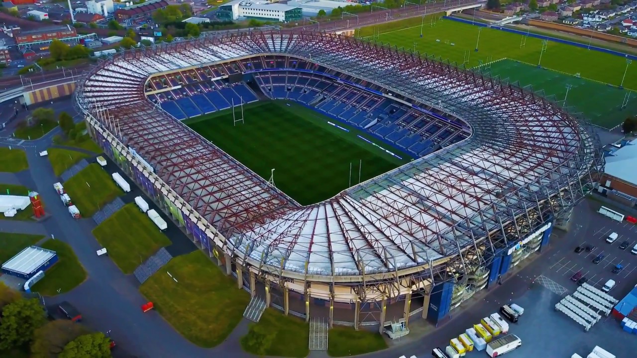Murrayfield Stadium, Edinburgh. 4K UHD aerial view 360 degree pana-round.