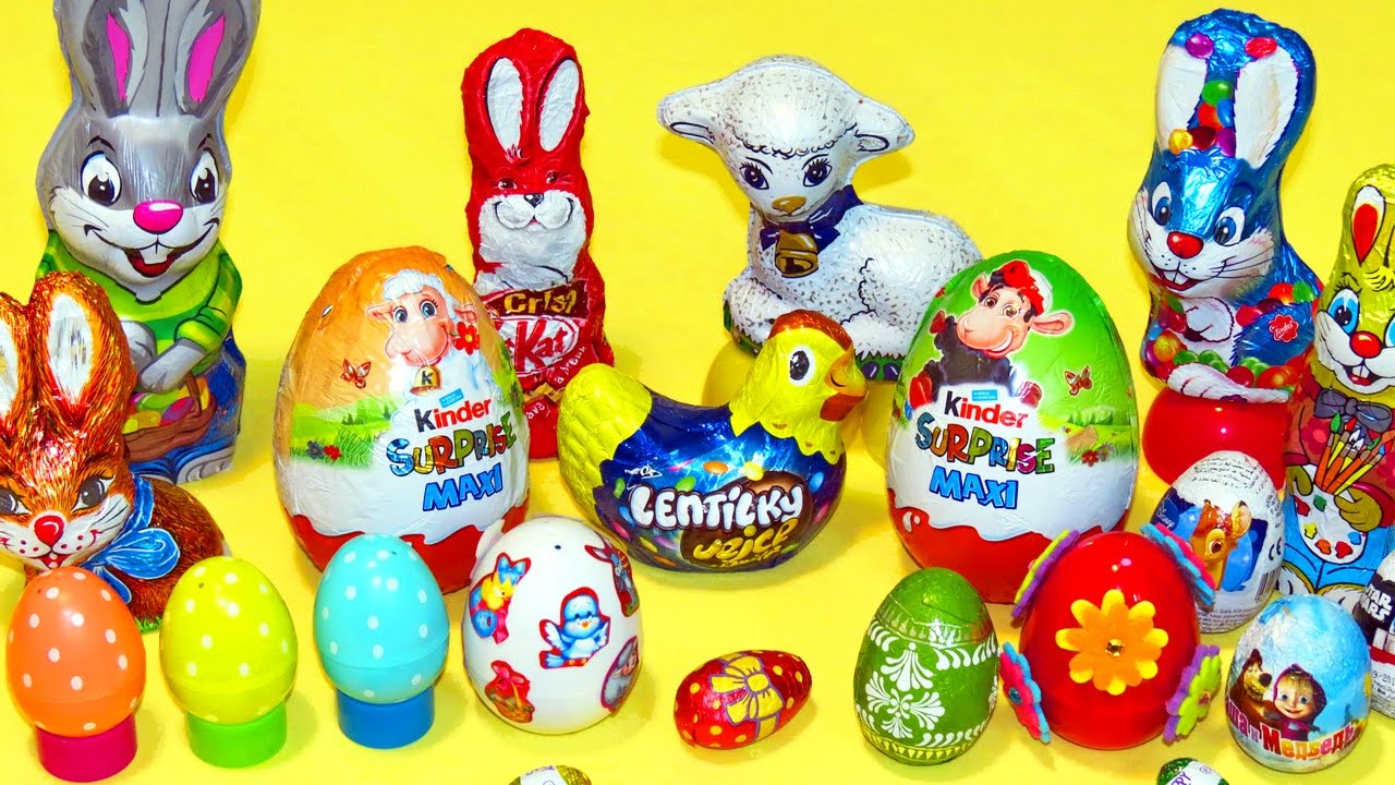 Easter surprise eggs and toys - Chocolate bunnies, lamb and hen