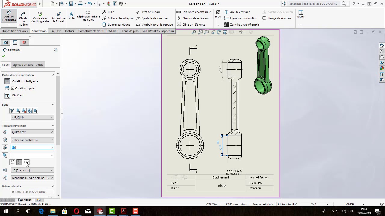 SolidWorks Tutorial : Tuto 2.2 Bielle Mise en page
