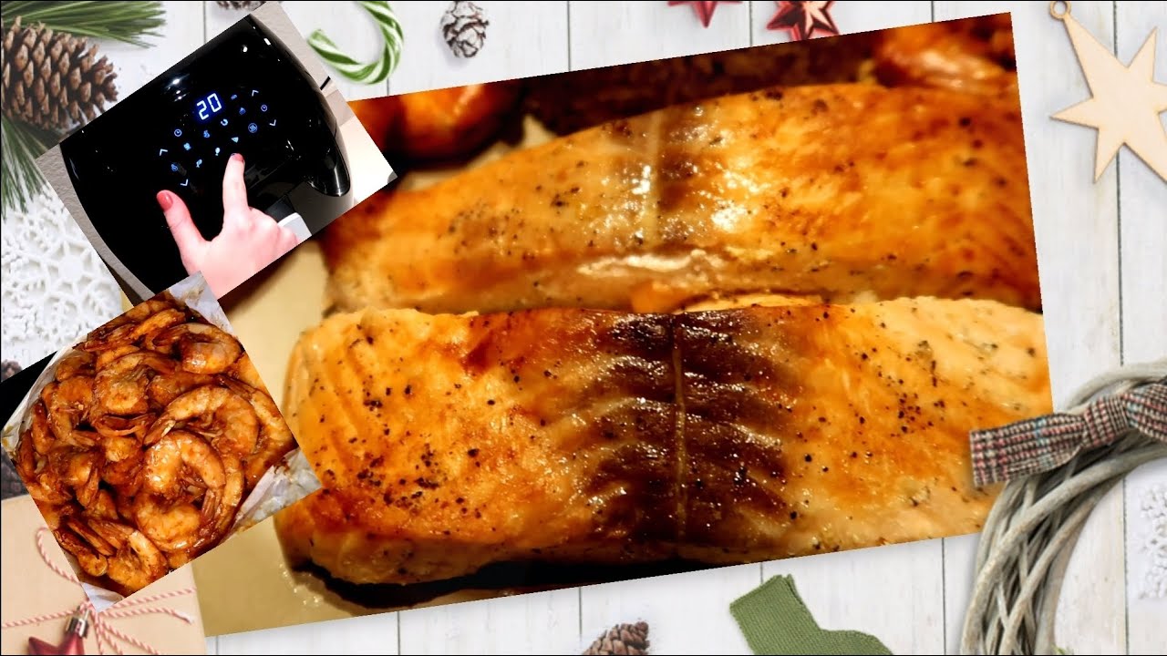 سمك السلمون 🍣بالليمون فى القلايه الهوائيه والجمبري بالفرن🍤