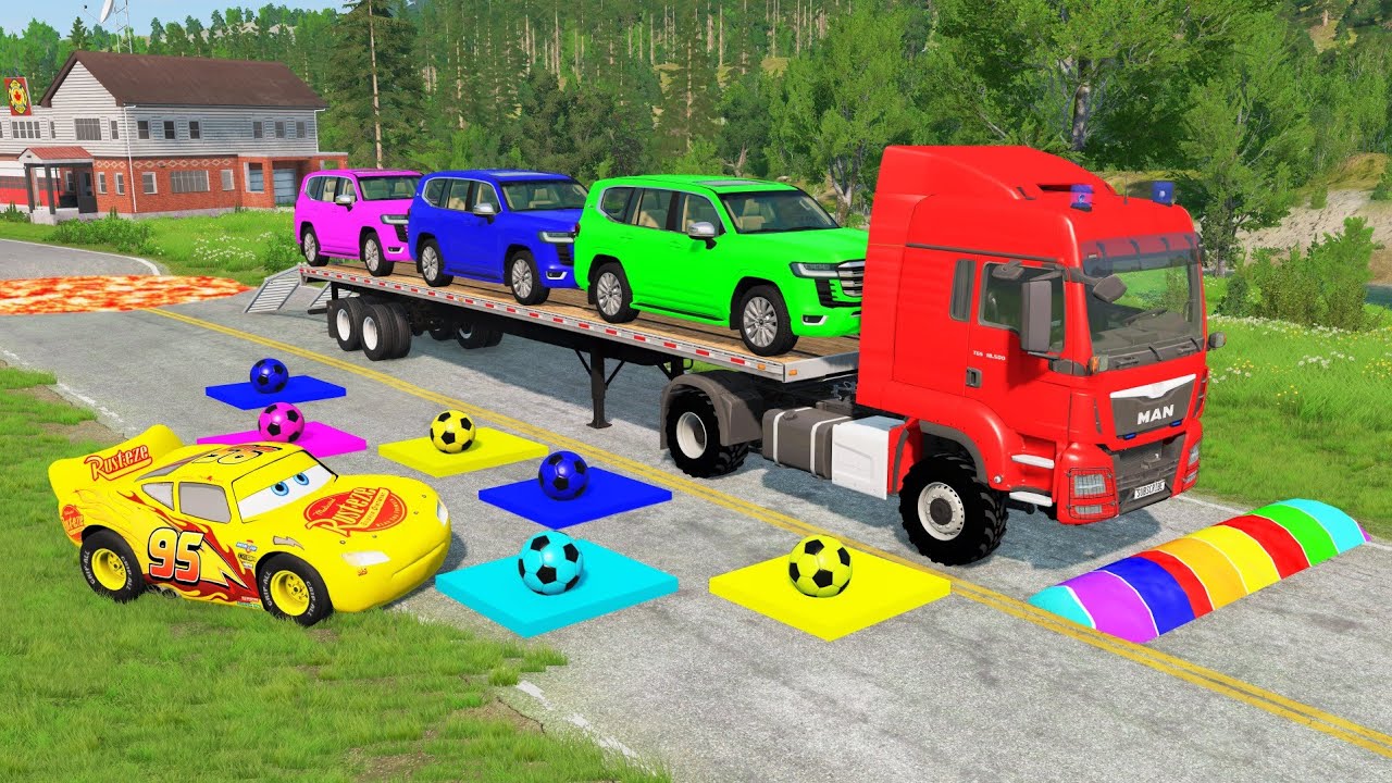 Flatbed Truck McQueen | Transportation with Truck - Pothole vs Car #77 | BeamNG.Drive Gameplay