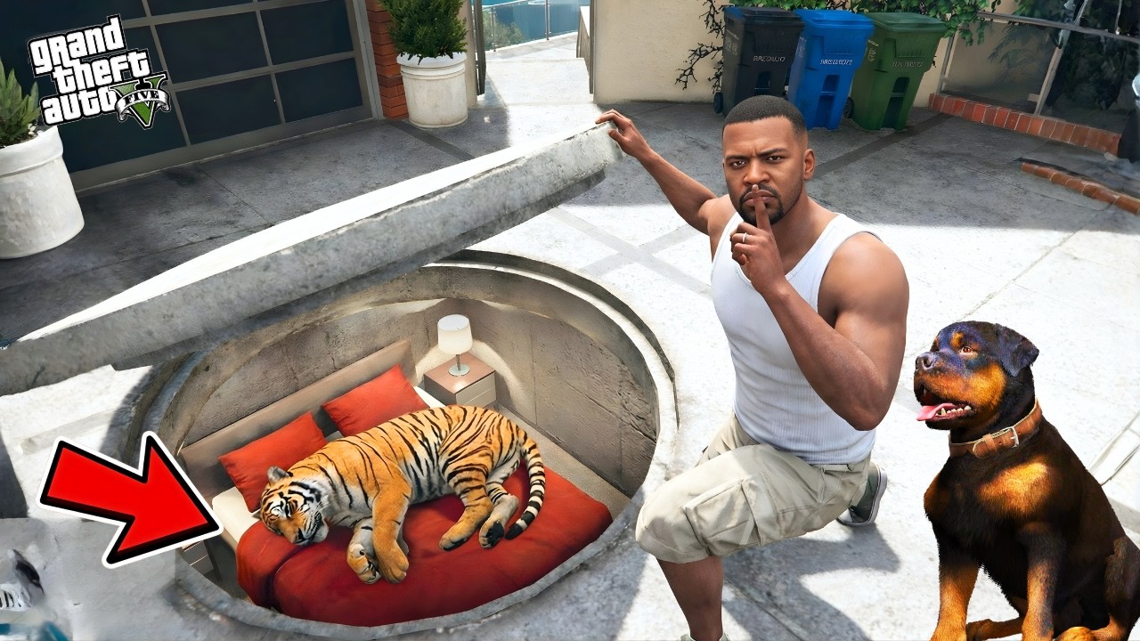Franklin Finds A Sleeping Tiger in His Secret Base in GTA 5!(GTA 5 MODS) 