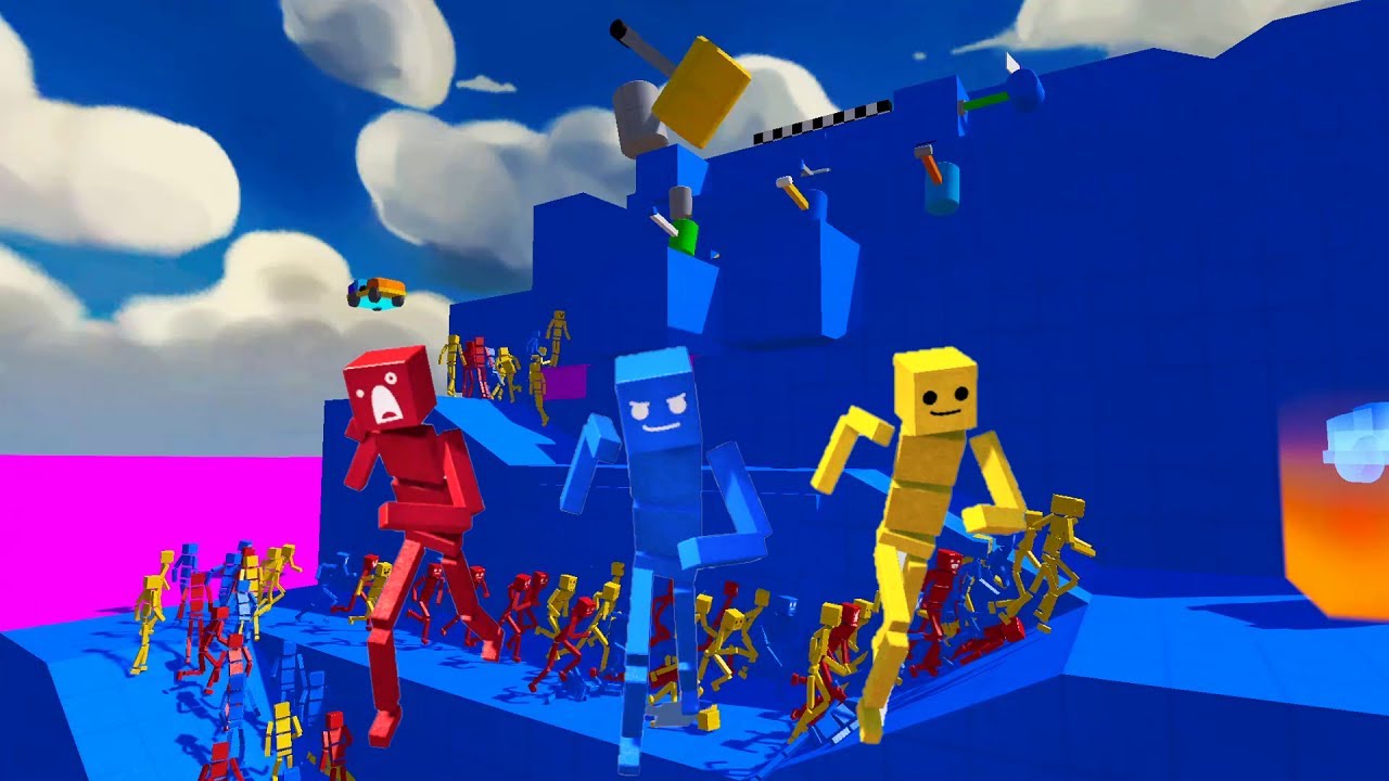 Red, Blue and Yellow ragdoll race. Obstacle mountain climbing.  | Fun with Ragdolls The Game #70