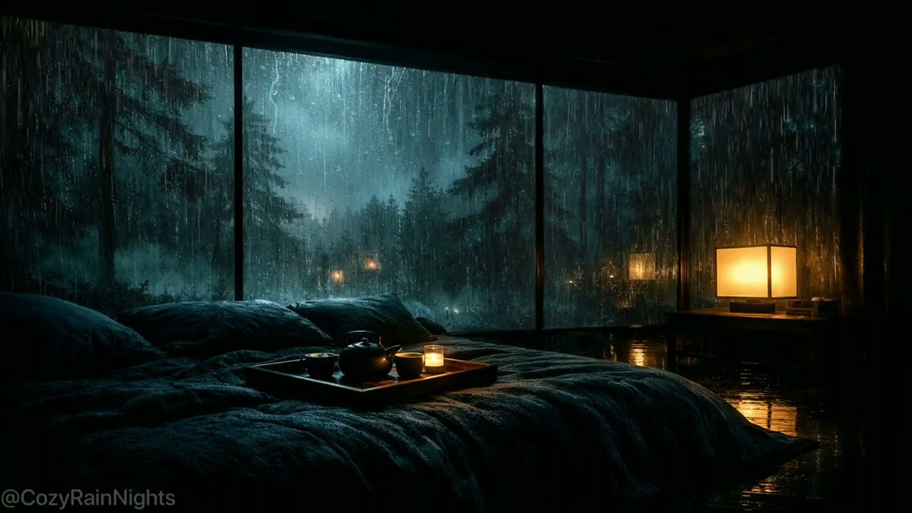 Rainy Night in a Forest Cabin  Heavy Rain and Thunderstorm Ambience for Deep Sleep