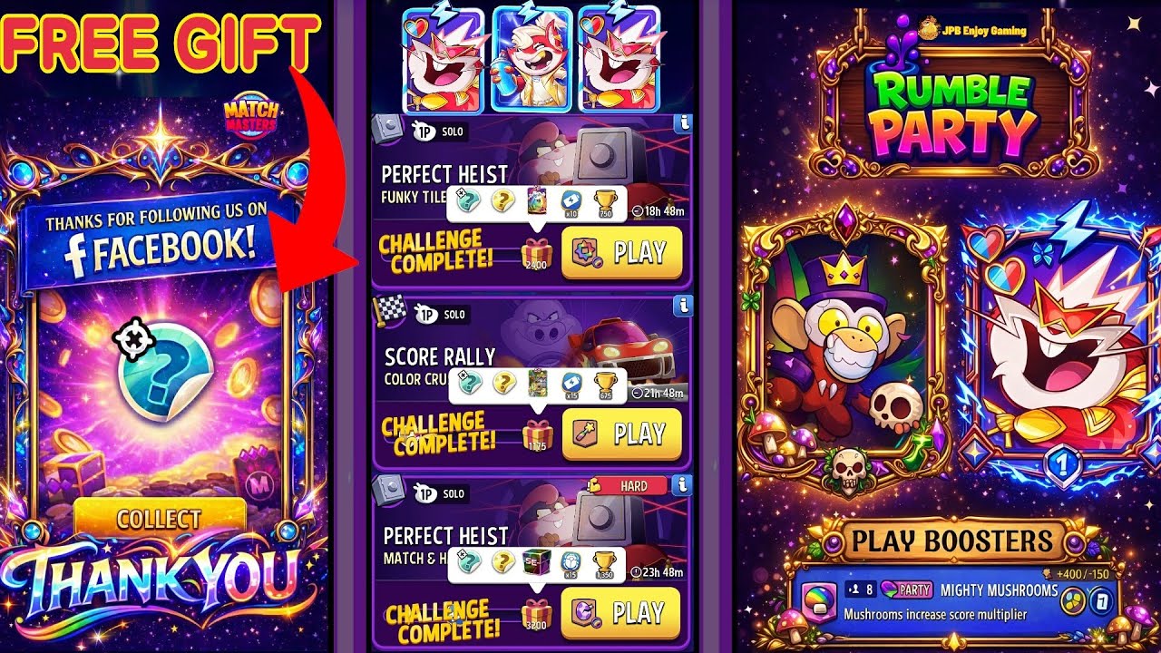 FREE GIFT🎁SOCIAL SCENES/(Party+3 Solo) Funky Tiles/ Color Crush/(HARD)~Match & Hatch+Rainbow 🌈