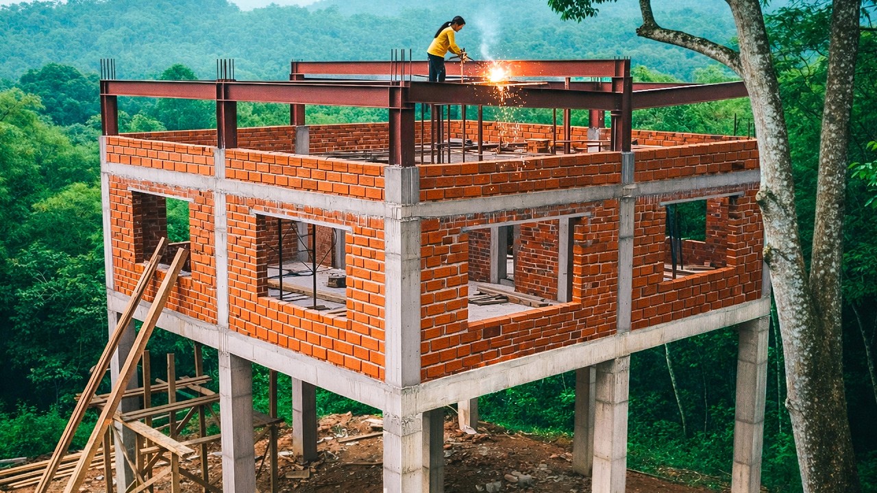 Building Strong Brick Walls and Welding Steel Roof Frame | Off-Grid Forest House.