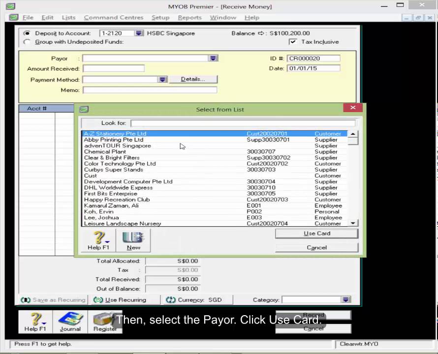 Entering Uncleared Deposit in MYOB Accounting