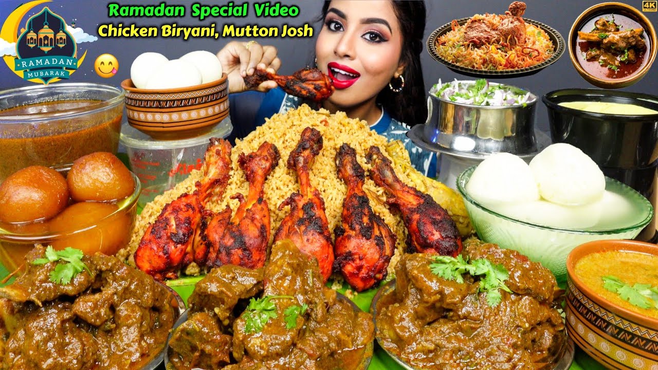 ASMR Eating Spicy Mutton Josh,Chicken Biryani,Rice,Leg Piece Masala Big Bites ASMR Eating Mukbang