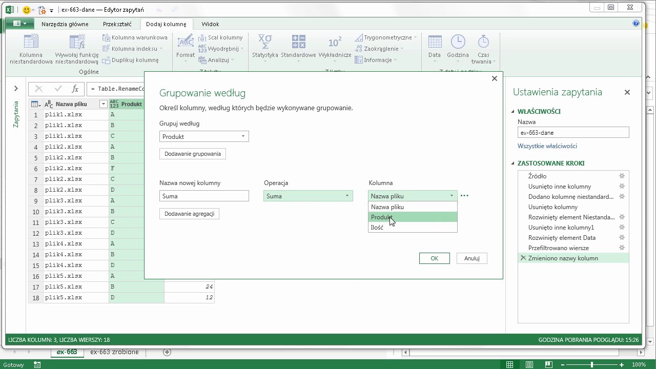 excel-663 - Dynamiczna suma odpowiednich pozycji z różnych plików - Power Query
