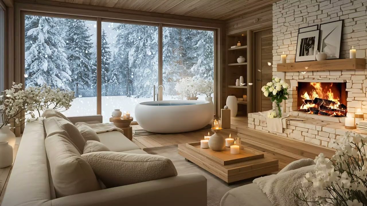 Snowy Window & Fireplace Crackles in Cozy Living Room Ambience ❄️ Gentle Piano for Calm & Relaxation