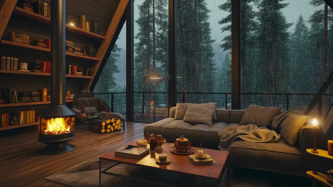 Relaxing Heavy Rain with Warm Fireplace Sounds for Sleep, Study and Stress Relief