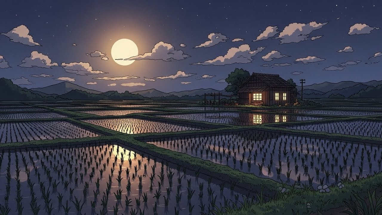 Chill Lofi Peaceful Glow Settling Across Dark Paddies Beneath Star-Touched Evening Skies