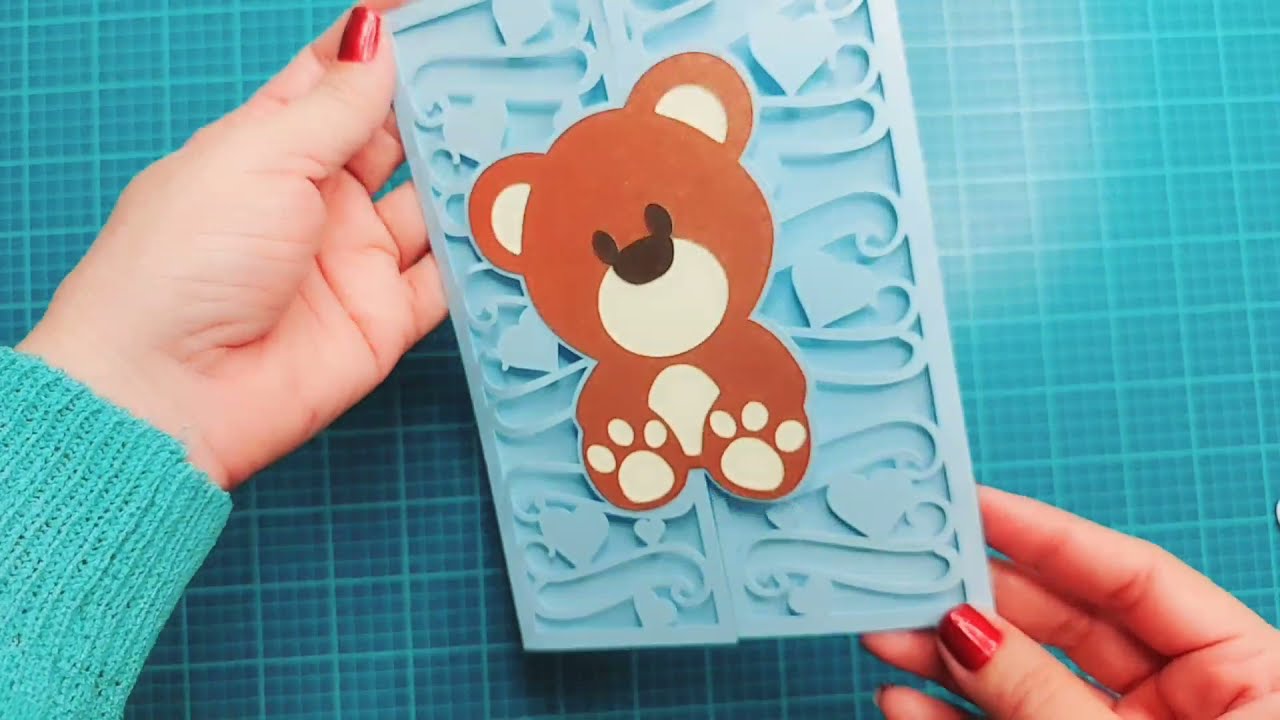 Baby Shower Card SVG template Cricut Tutorial Silhouette Cameo Cut Files Teddy Bear SVG