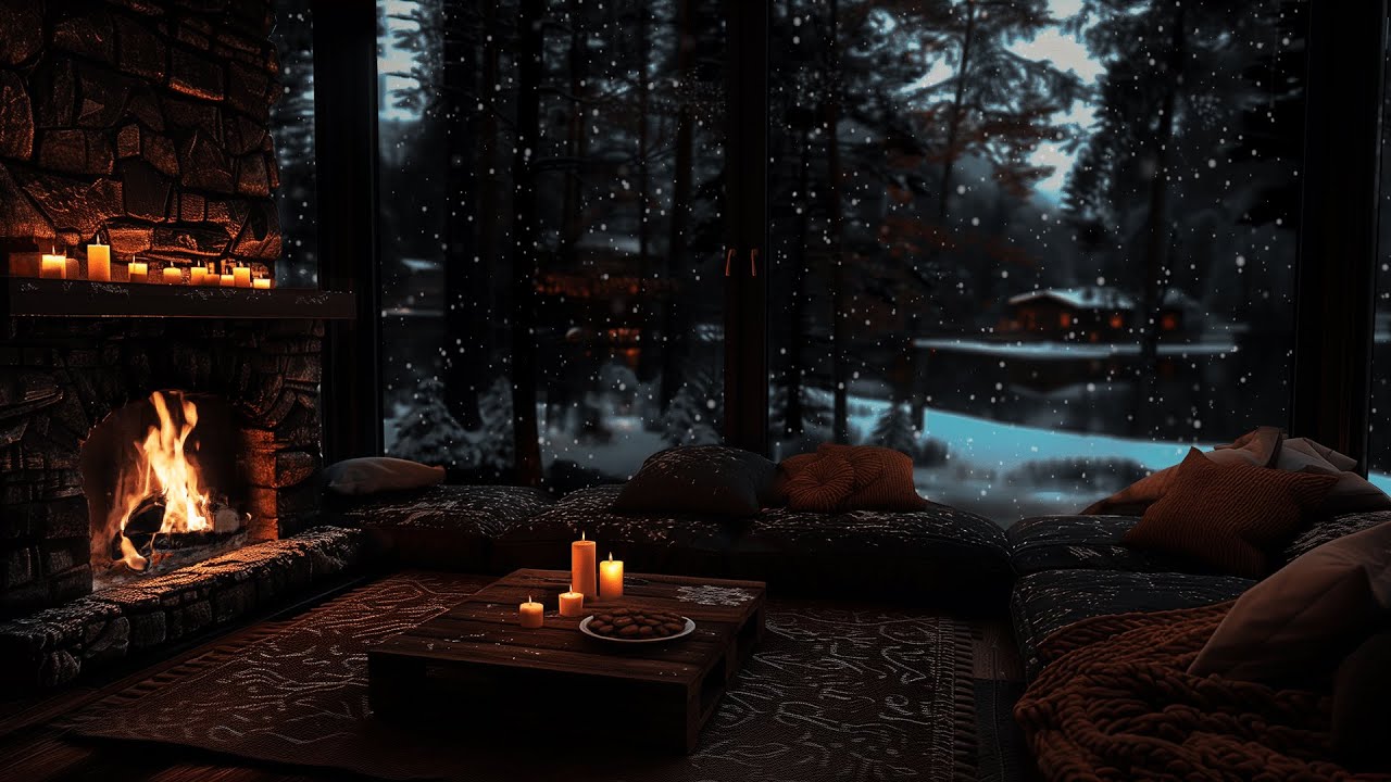 Soothing Winter Piano With Crackling Flame ❄️🔥 Snowfall & Fireplace Ambience for Relaxing Night