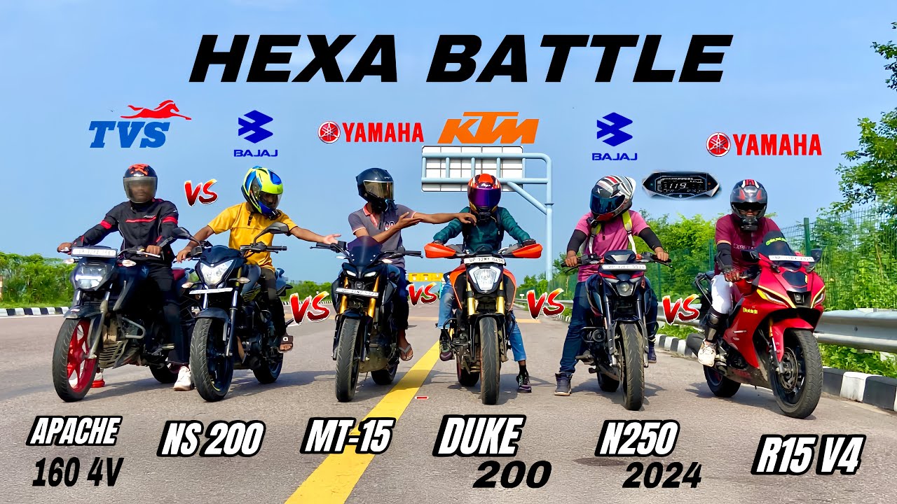 pulsar n250 vs  Duke 200 vs Yamaha mt-15 vs Yzf R15 vs pulsar ns 200 vs apache 160 4v | hexa battle😱