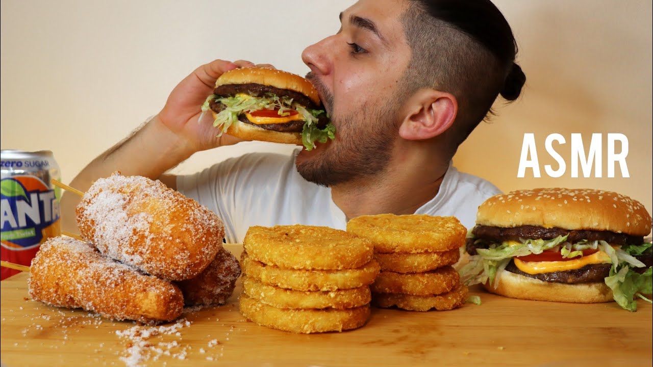 ASMR DOUBLE CHEESEBURGER + MOZZARELLA CORN DOGS & HASH BROWNS | MUKBANG *REAL EATING SOUNDS*
