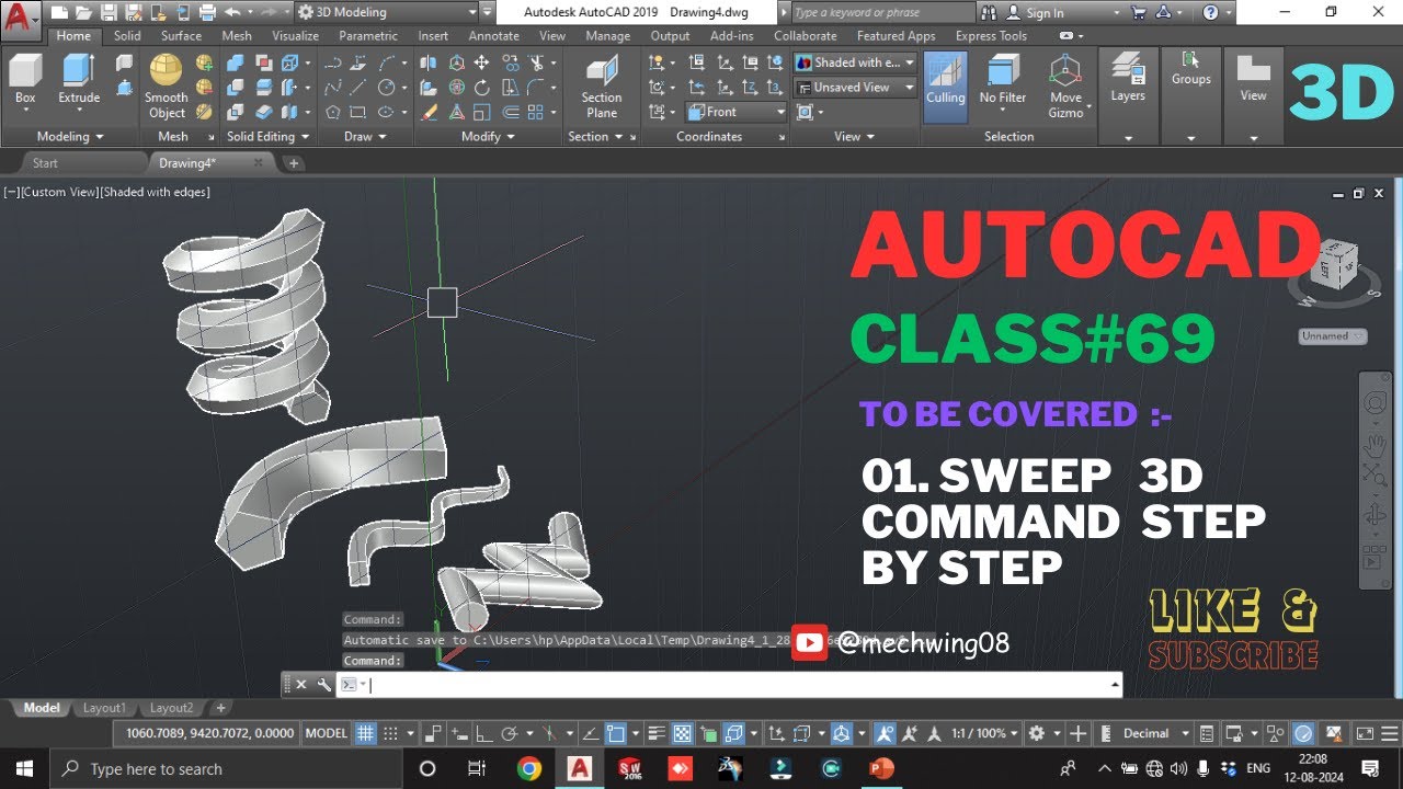 Sweep | Sweep 3D Command | Sweep Command In AutoCAD 3D | AutoCAD Sweep Command | AutoCAD 3D Class 69