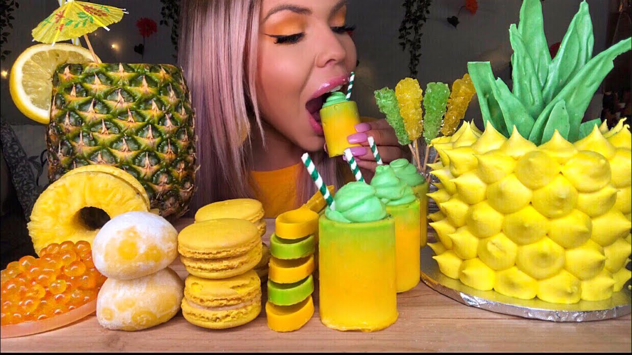 ASMR PINEAPPLE CAKE, EDIBLE SHOT GLASS DRINK, MANGO MOCHI ICE CREAM, OREO, SPOONS, BOBA,  MUKBANG 먹방