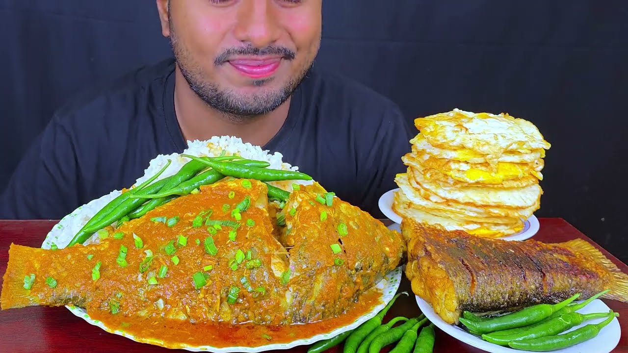 Eating Whole Fish Curry, Fish Fry, Egg omlette || Eating Show