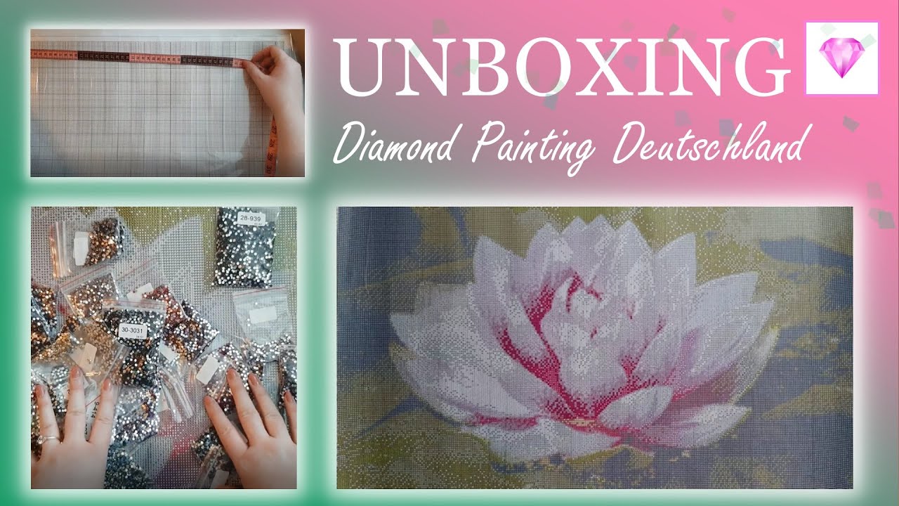 UNBOXING - Diamond Painting Deutschland: Seerose mit Strasssteinchen und eine Blanko-Leinwand