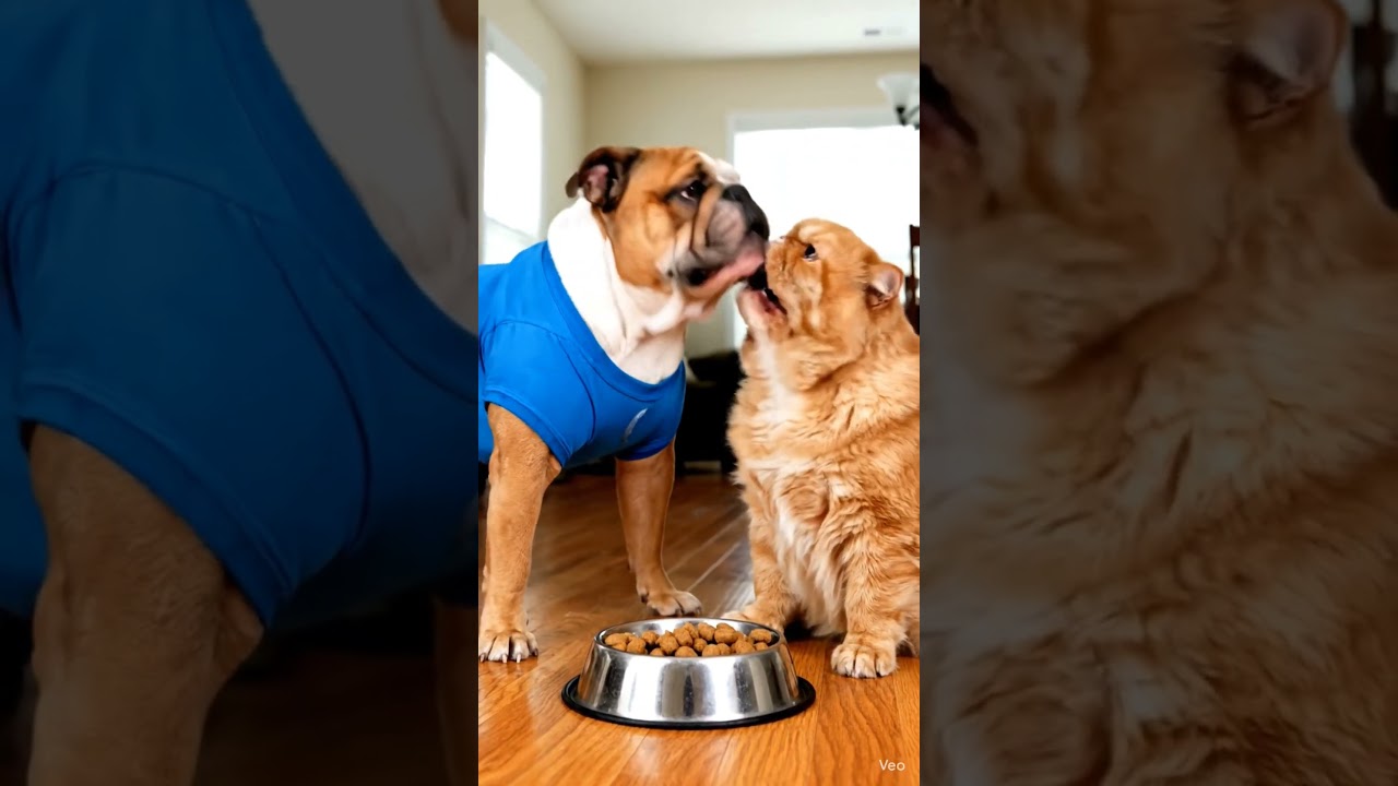 dog trying to steal food from a cat funny reaction 