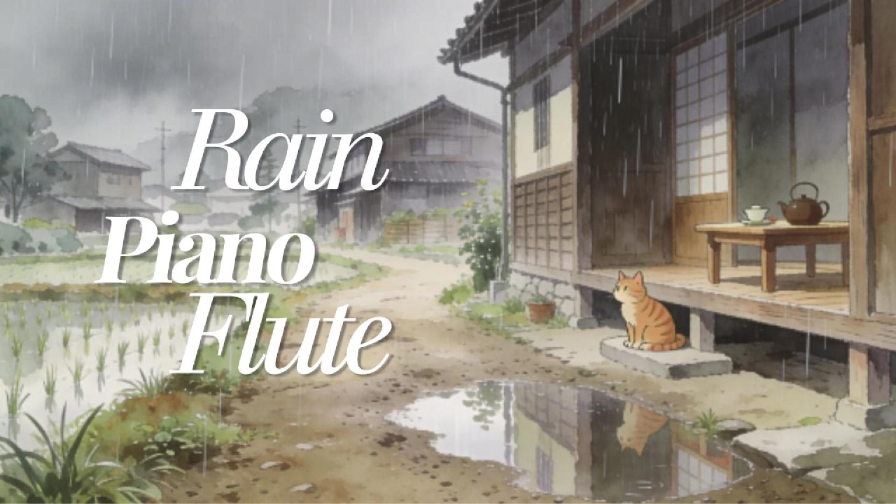 Gentle Rain Sound With Piano & Flute in Peaceful Countryside