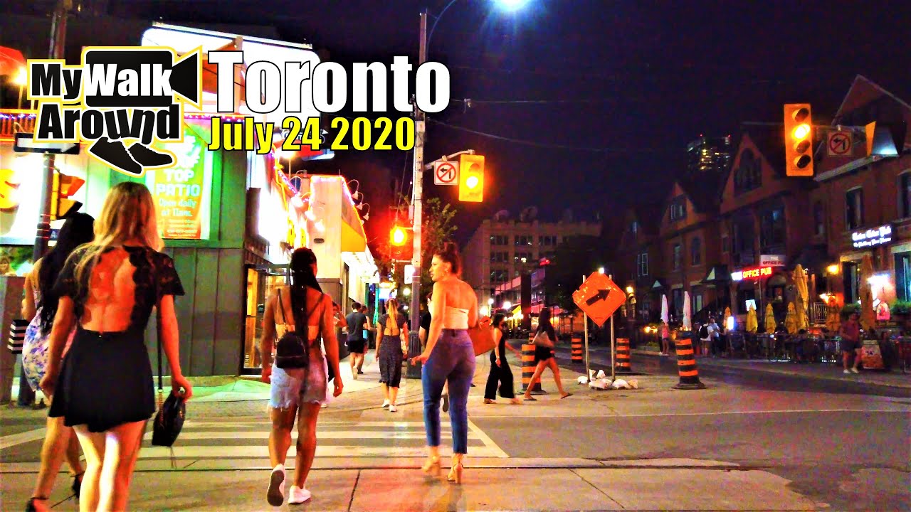 Downtown Toronto night walk from CN Tower through Spadina and College Street (Toronto walking video)