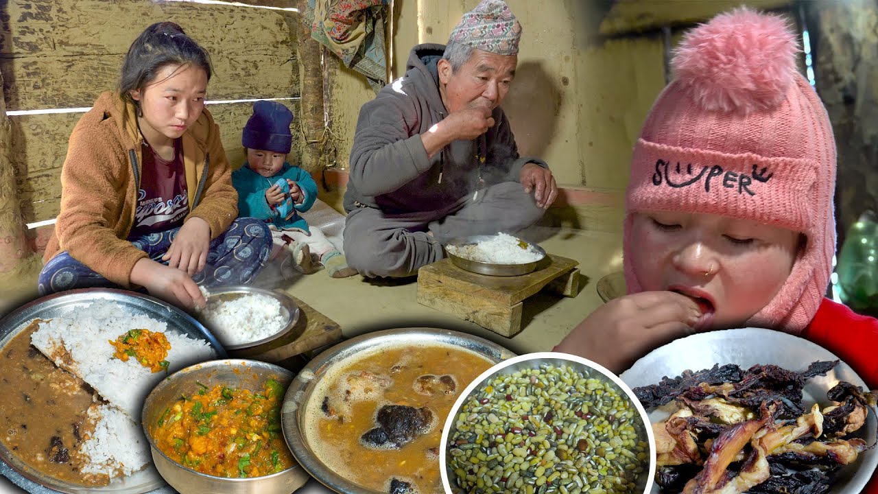 Buff dry meat and Small Beans Lentils Curry with Spicy Pickle || Rural Village style cooking food