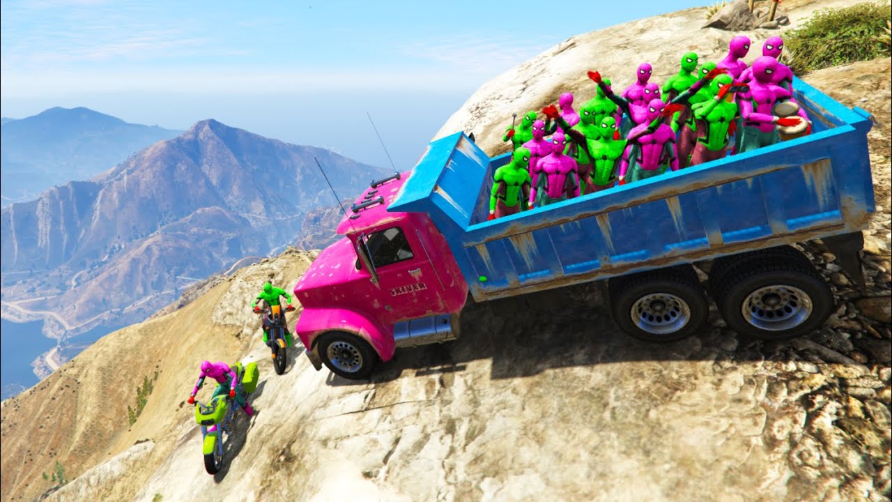GTA 5 Mountain Ragdolls Woody Vs Green & Pink Spiderman Trucks Fails/Jumps [Euphoria Physics]