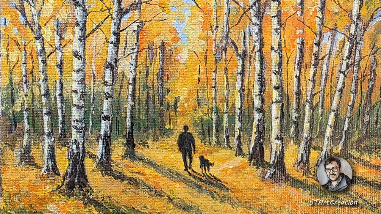 My first Acrylic painting! Fall forest painting demo. Man walking dog in autumn woods.