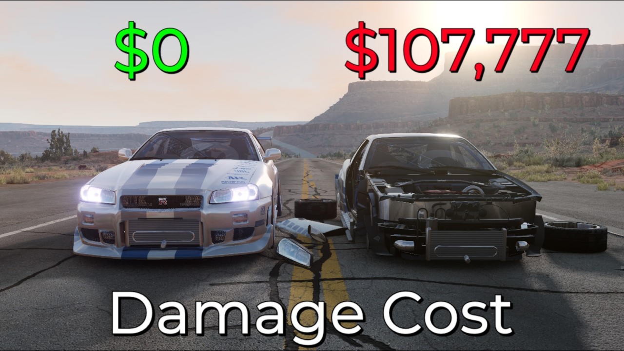 Realistic Crashes BeamNG Drive Damage Cost Nissan Skyline GT-R R34 | Epic Wallet Survival