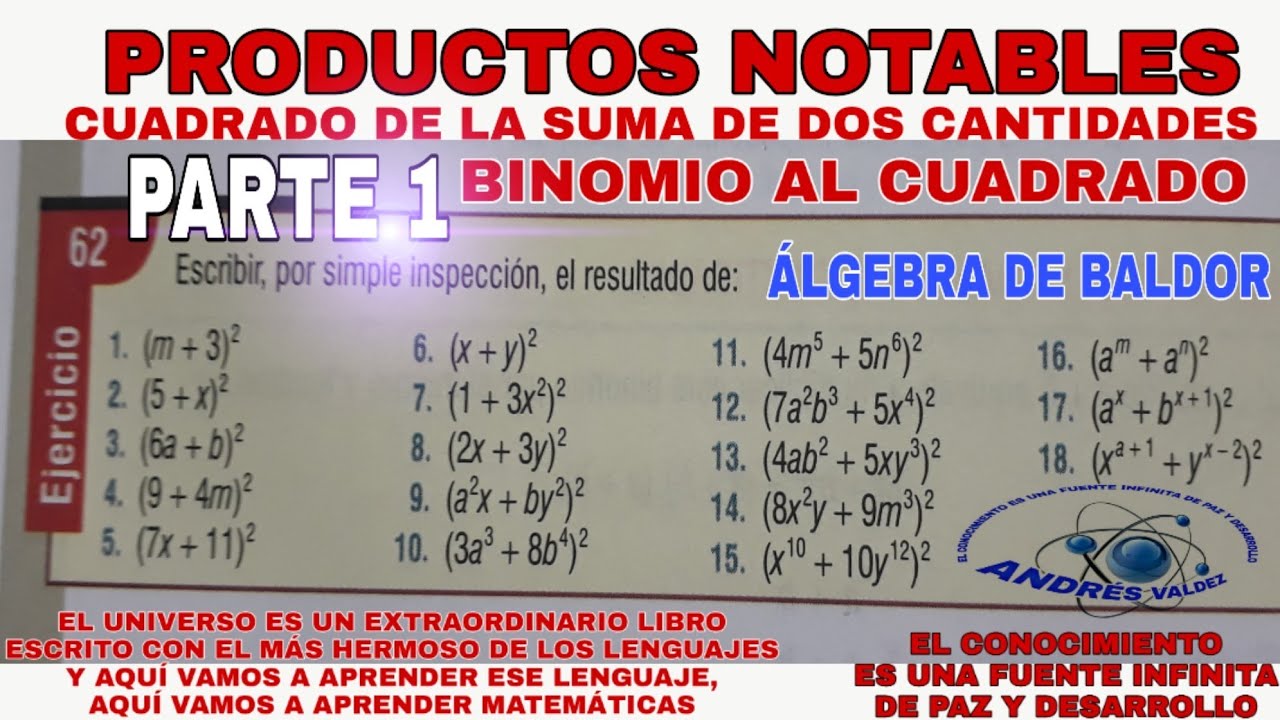 PRODUCTOS NOTABLES - BINOMIO AL CUADRADO ÁLGEBRA DE BALDOR EJERCICIO 62 (PARTE 1) Problemas 1-10
