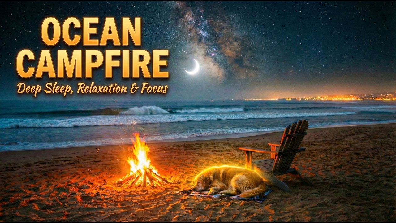 Beach Campfire Under the Stars 🌊 Natural Waves for Sleep , Studying or Focus (12 Hours)